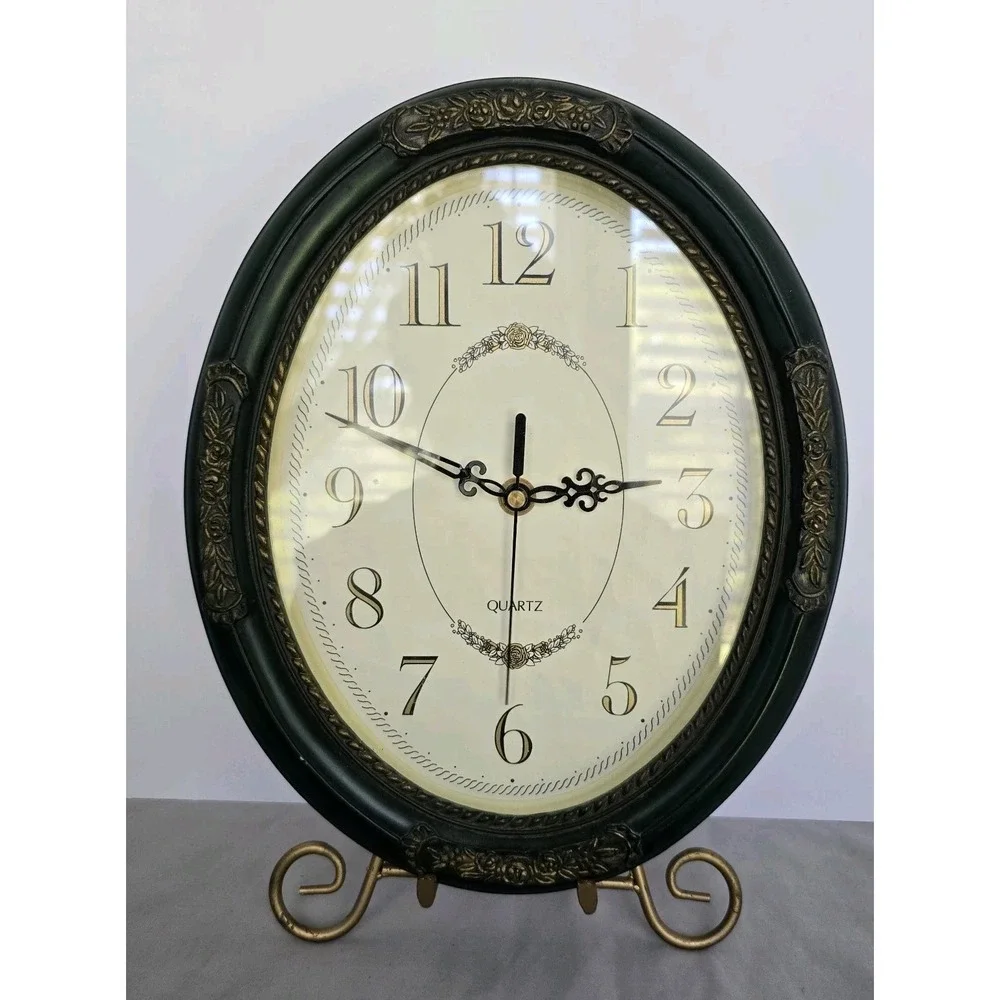 Oval Vintage Ornate Clock Dark Green Frame Works 1 AA Battery 11.5